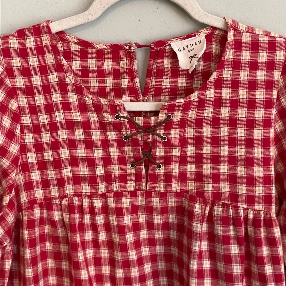 Hayden Girl’s Red and White Plaid Long Sleeve Mini Dress Size 13/14